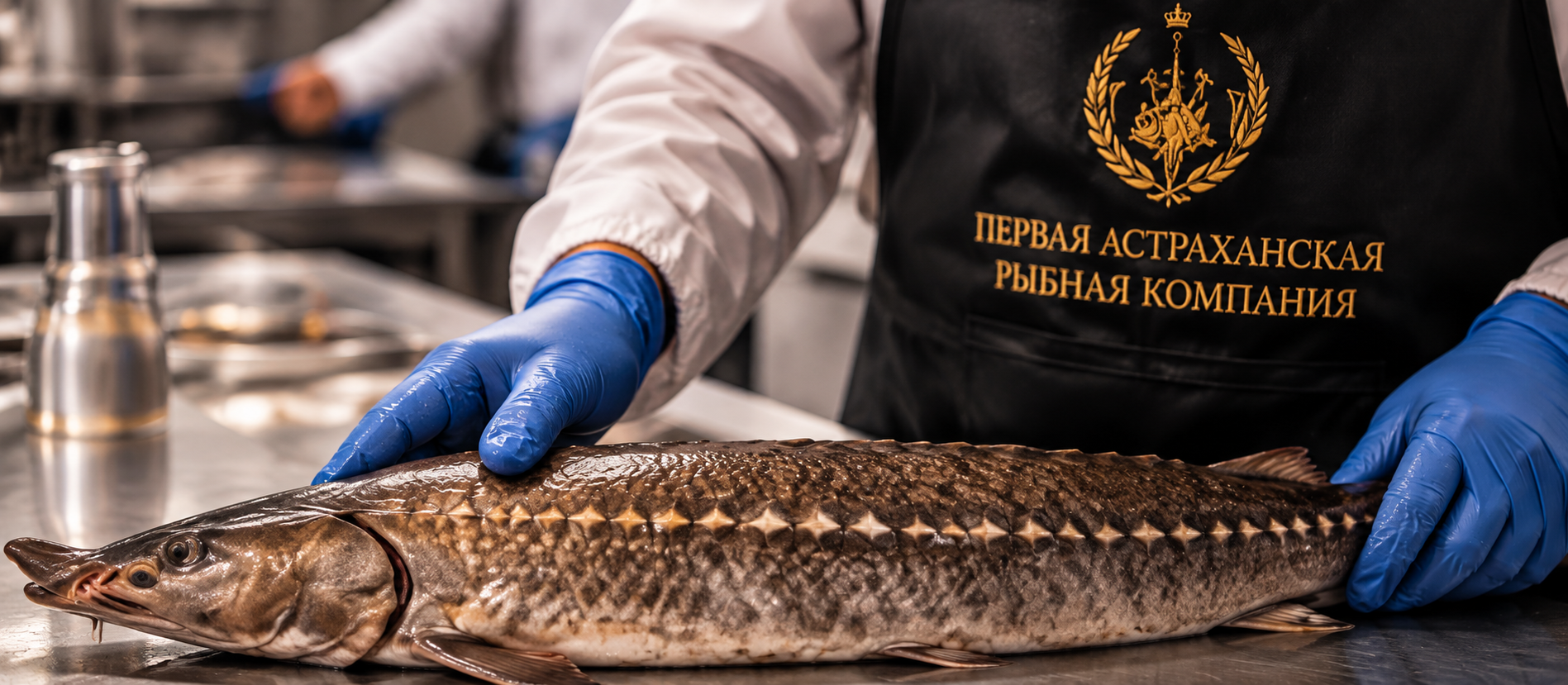 Сотрудник Первой Астраханской Рыбной Компании с осетром в цехе переработки